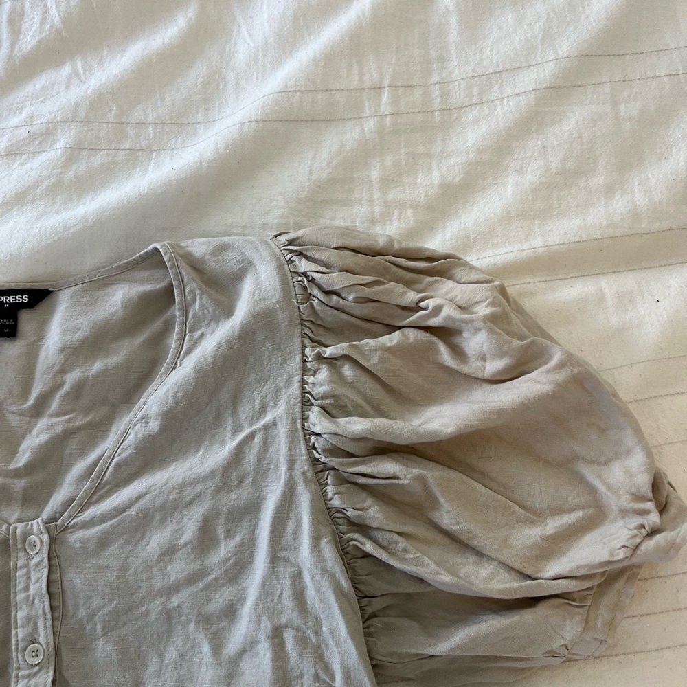 Express Linen Button-Down Puff Sleeve Blouse - image 3